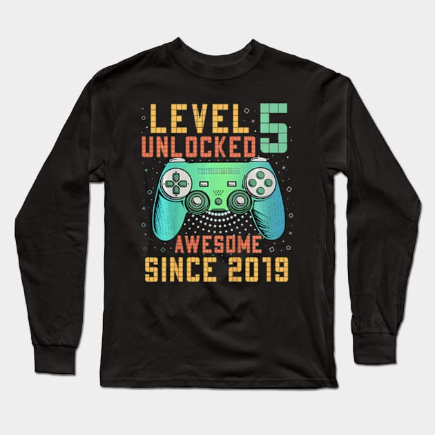 Kids Level 5 Unlocked 5th Birthday 5 Year Old Gamer Bday Long Sleeve T-Shirt by Cristian Torres